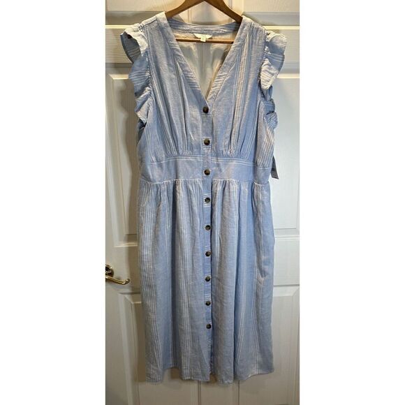 Time & Tru Blue White Linen Blend Flutter Sleeve Button Summer Midi Dress XXL 20 - Picture 1 of 9